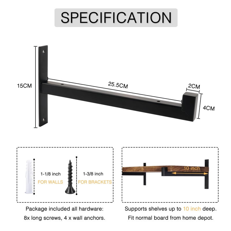 OVOV 2 Pcs Steel Heavy Duty Shelf Brackets Wall Mounted Industrial Metal Shelf Supports Matte Black 10 Inches - Image 3